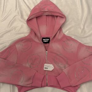 RETROVERT Women's Rhinestone Smiley Face Zip Up Cropped Hoodie
